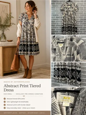 Maeve Anthropologie Abstract Print Tiered Dress Small Black Cream Shift‎ thumbnail 2