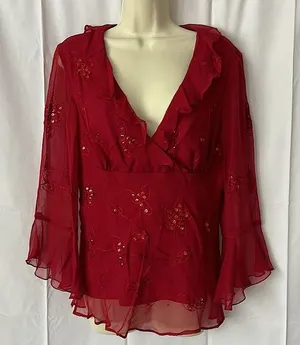 Silkland Gorgeous 💯% Silk Flutter Sleeves Red Sequin Shirt Top **Size L** 🔥🔥 thumbnail 1