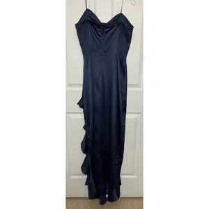 AQUA Strapless Navy Blue Ruffle Maxi Dress | size XL thumbnail 2