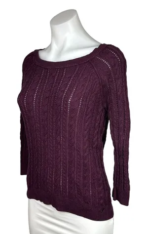 American Eagle Y2K Maroon Red Crochet Cable Knit Long Sleeve Sweater Top XS thumbnail 1