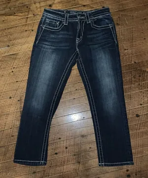 Miss Me bling blue fleur de lis festival Boyfriend Capri jeans thumbnail 1