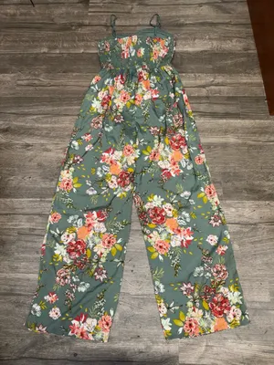 Band of the Free Floral Wide Leg Jumpsuit Size M Sage Green Boho thumbnail 6