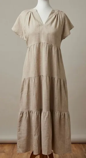 Emma & Michele Oatmeal Boho Tiered Maxi Dress V-Neck, Flutter Sleeve, Size Small thumbnail 1