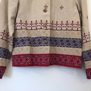COLDWATER CREEK Beige Tan Red Blue Cross Stitch Linen Etc Shacket Jacket Medium thumbnail 5