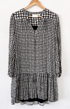 Anthro Maeve Margaret Houndstooth Tunic Ruffle Hem Long Sleeve Mini Dress thumbnail 1