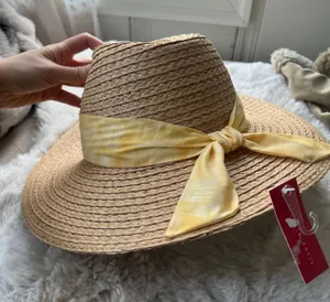 Kelly & Katie Straw Ribbon Panama Hat in Tan & Yellow NEW thumbnail 2