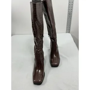 Womans Suedi Knee High Boots Brown Croc Faux Leather 7.5 Blk Heel 1/2 Zip NWOT thumbnail 4