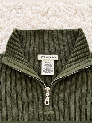 Vintage 90s St. John's Bay Ribbed Quarter Zip Sweater – Olive Green – L thumbnail 5