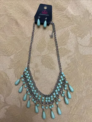 paparazzi Aqua Teardrop Layered Bib Necklace and Drop Earrings thumbnail 6