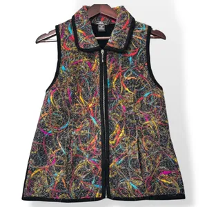 Lisa International Women Colorful Abstract Print Textured Zip Up Vest S Black thumbnail 2