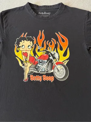 Betty Boop Wild Ride T-Shirt Women’s Medium Black Motorcycle Flames Tee thumbnail 2