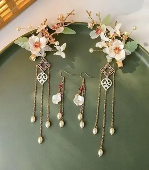 New Chinese Hairpin Hair Clip For Women Glazed Flower Pearl Tassel Headpiece thumbnail 1
