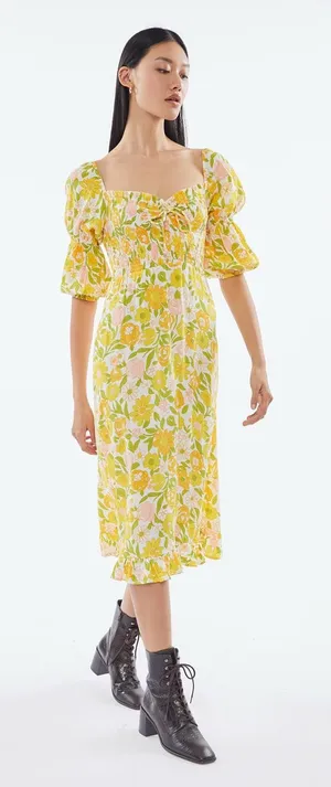 Faithfull The Brand Nora Midi Dress Jolene Floral Print XS Yellow Pink Green NWT thumbnail 1
