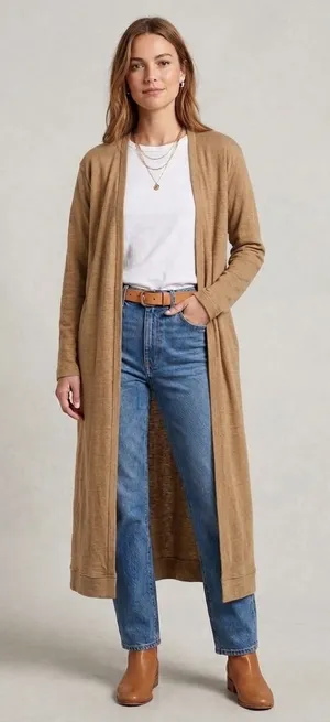 Free People FP Beach Cardigan Womens Small Tan‎ Slub Knit Longline Open Front thumbnail 1