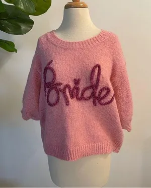 Bibi | Pink “Bride” Embroidered Short Sleeve Sweater Size M thumbnail 1