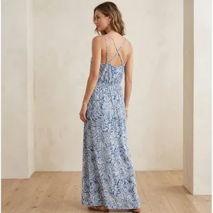 LOFT Maxi Dress Blue Paisley Criss Cross Back Boho Wedding Party‎ Coastal M thumbnail 2
