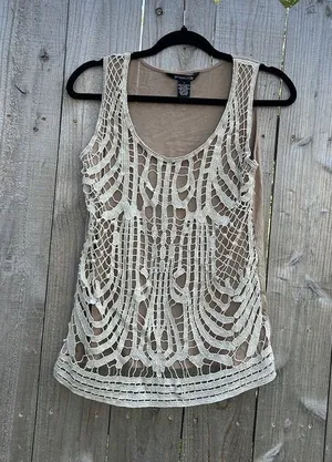 89th & Madison Lace Tank Metallic Thread Layer Crochet Sz Large Tank‎ Gold Fairy thumbnail 1