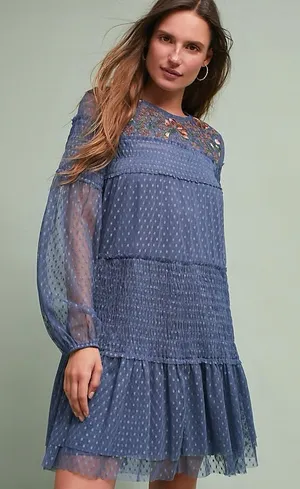 Maeve Navy Floral Embroidered Mesh Print Dress thumbnail 1