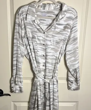 Chico's Neutral Print Maxi Dress Button Front Long‎ Sleeve Belted Size 2 (12/14) thumbnail 1