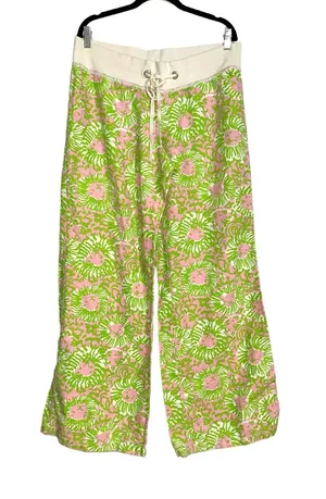 Lilly Pulitzer The Beach Pant Linen Pink & Green Wide Leg Drawstring Pants LARGE thumbnail 1