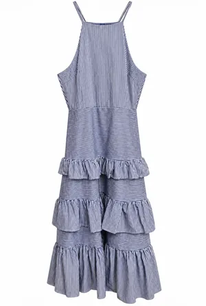 Just Me Blue Striped Tiered Ruffle Halter Midi Dress thumbnail 4