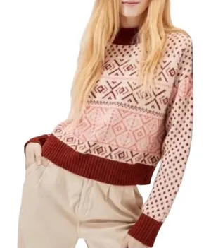 NWT American Eagle Fair Isle Mock Neck Pullover Sweater Brown Pink Womens Size S thumbnail 1