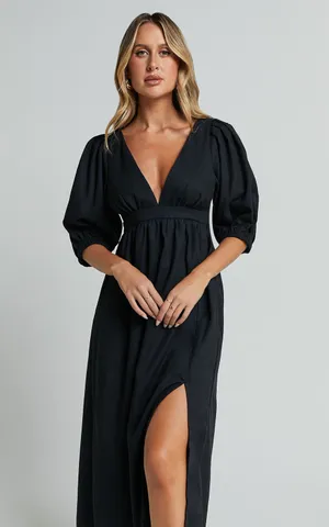 New Showpo Eidie Midi Dress Linen Puff Sleeve Dress Size Small MSRP $89 thumbnail 3