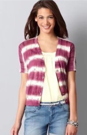 LOFT Light Cotten Short Sleeve Tie-Dye Cardigan Sweater in Pink & White thumbnail 1