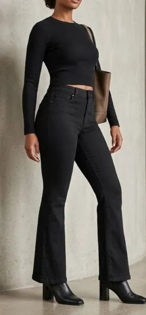 SPANX Skinny Britches Denim Flare Jeans Black Petite 6 NWT thumbnail 1