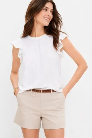 LOFT White 100% Linen Flutter Sleeve Top M Pleated Neck Lightweight thumbnail 1