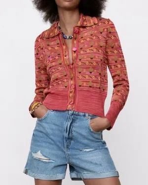 Zara Cactus Flower Polo Cardigan Sweater Pink Yellow Green Button Front S Desert thumbnail 4
