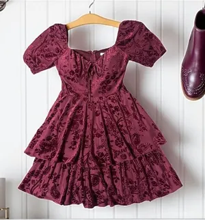 City Vibe Dress Velvet Floral Sweetheart Neck Puff Sleeve Tiered Maroon Size‎ 0 thumbnail 1