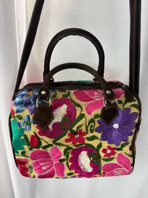 Floral Tapestry Mexican Embroidered Tapestry Bag Bright Colors BOHO EUC thumbnail 2