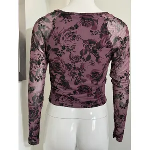 Derek Heart Y2K Purple Mesh Floral Lace Trim Long Sleeve Crop Top Grunge Blouse Women’s M thumbnail 6