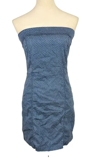 American Eagle Strapless Mini Dress Womens Small Polka Dot Denim Tube Blue thumbnail 1