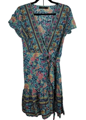 ZESICA Womens Teal Floral Wrap Dress Short Sleeve Boho‎ V-Neck Mini Dress S thumbnail 1