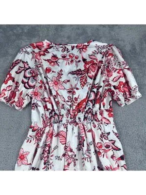 Floral V-Neck Midi Dress With Puff Sleeves & Ruffled Hem Red & White thumbnail 9