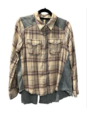 Free People Road Trip Getaway Plaid Flannel Denim Button Up Shirt Size Medium thumbnail 1