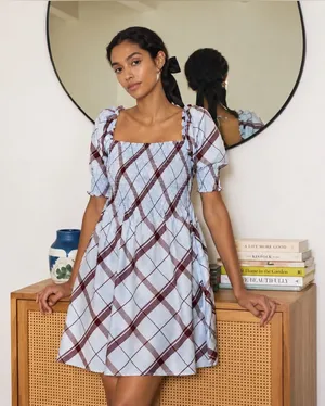 🩵 Hill House Home Ellie Nap Dress Blue Plaid Puff Sleeve Size Small 🩵 thumbnail 1