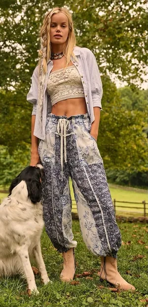 Free People Bohemian Cottage Embroidered Floral Sweet It Is Wide Leg Pants Large thumbnail 1
