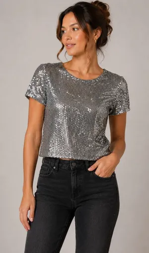 Zara‎ Basic Silver Sequin Crop Top Party Sparkly Glam Festival XS thumbnail 1