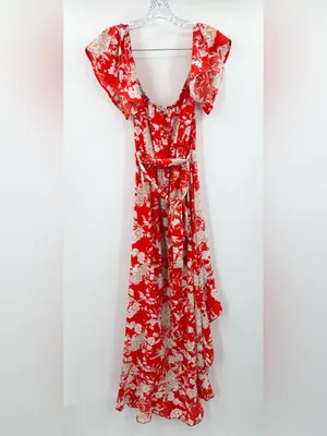 Vici Azalea Floral Off‎ Shoulder Hi-Low Dress Size Medium Red/Orange thumbnail 3