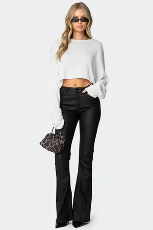 Edikted Luna Faux Leather Flare Jeans Petite thumbnail 4