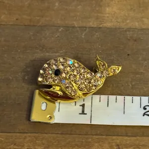 Gold tone rhinestone whale brooch thumbnail 2