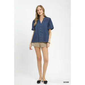 Umgee‎ Denim Button Front Puff Sleeve Boho Blouse - Large thumbnail 5