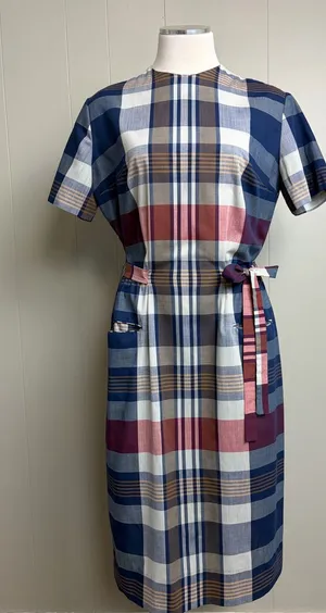 Vintage 60s 70s Nancy Greer New York Plaid Belted Midi Dress Small thumbnail 1