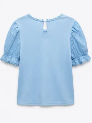 COOKIES CLOTHING Light Blue Lace Trim Swiss Dot Sheer Puff Sleeve Blouse thumbnail 4