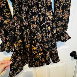 SheIn Black Floral Long Sleeve Mock Neck Smocked Waist Mini Dress XS Whimsical Gothic thumbnail 8