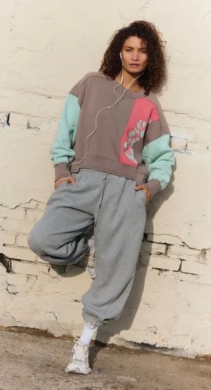 SOLD OUT// NWT Free People FP Movement Intercept Logo Pullover Sweatshirt Pale Taupe Combo L thumbnail 1