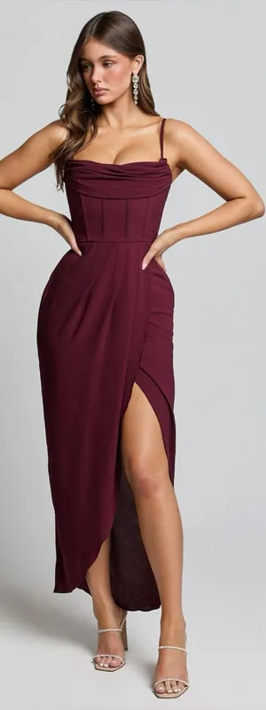 SHOWPO Andrina High Low Wrap Corset Midi Dress In Wine thumbnail 1